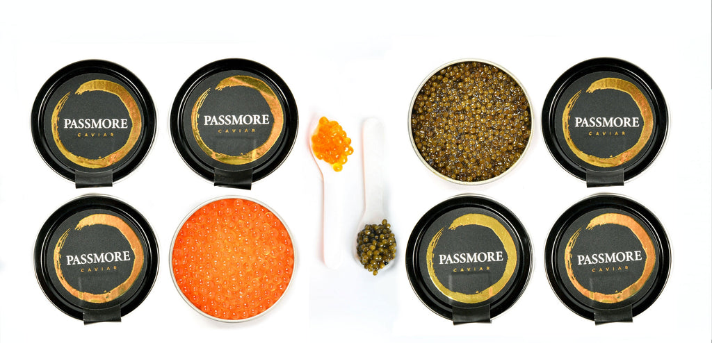 8 tins of caviar, Passmore labels up on six, one roe and one reserve caviar open to see the contents